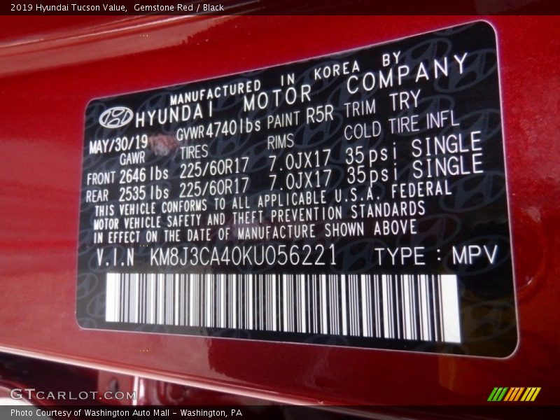 2019 Tucson Value Gemstone Red Color Code R5R