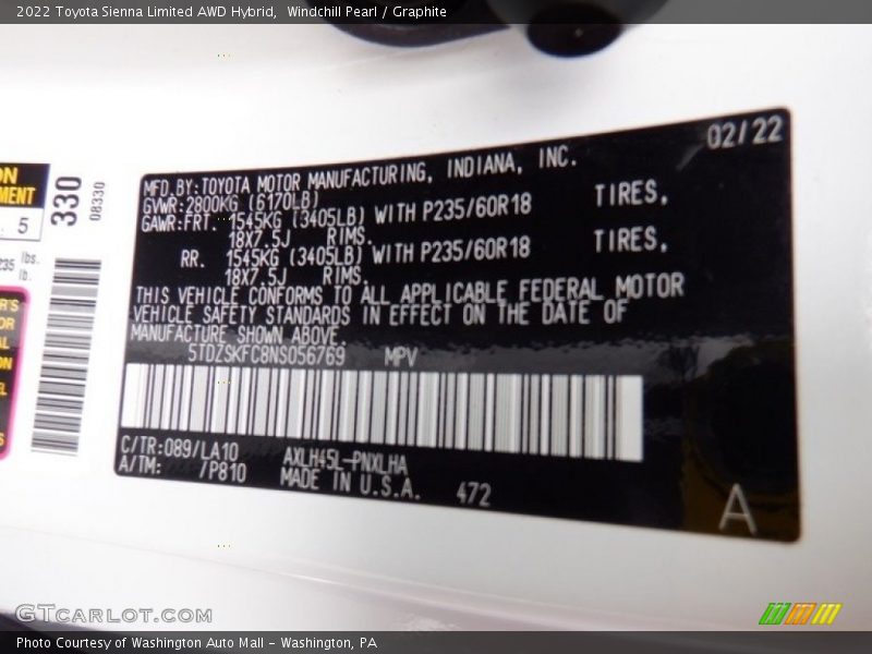 Windchill Pearl / Graphite 2022 Toyota Sienna Limited AWD Hybrid