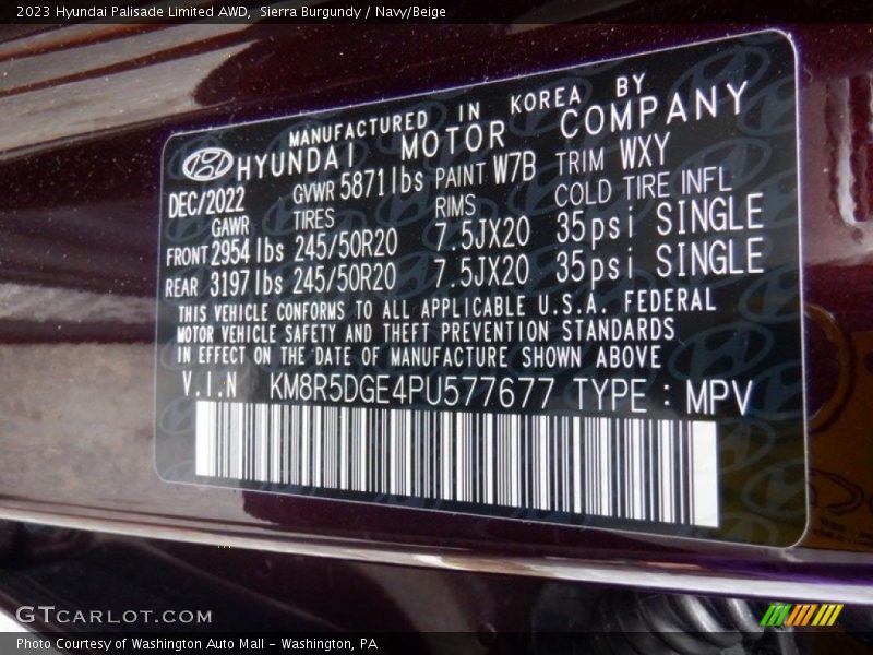 2023 Palisade Limited AWD Sierra Burgundy Color Code W7B