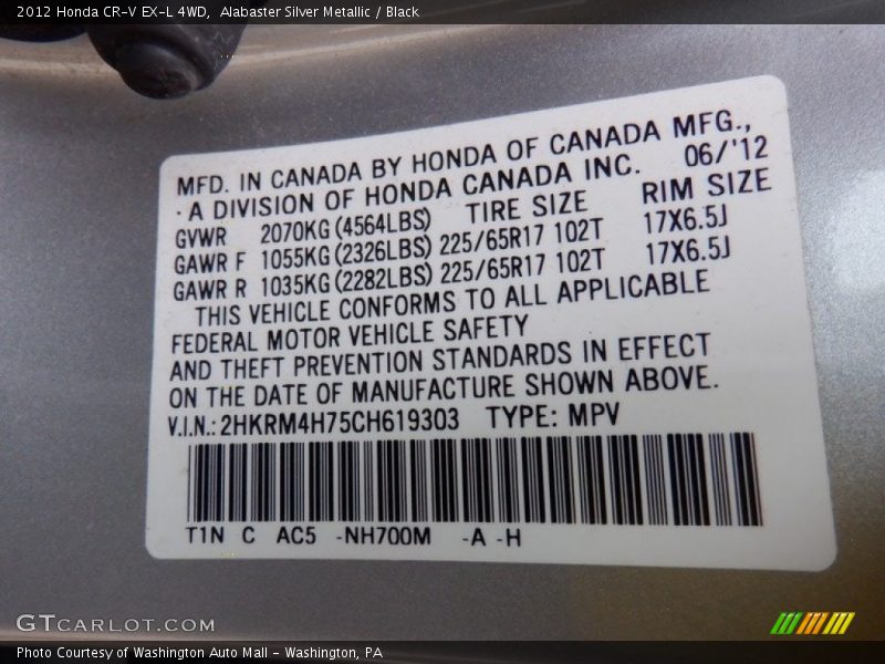 Alabaster Silver Metallic / Black 2012 Honda CR-V EX-L 4WD
