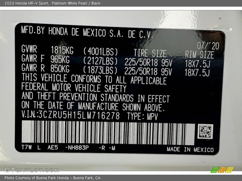 2020 HR-V Sport Platinum White Pearl Color Code NH883P