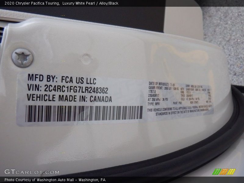 2020 Pacifica Touring Luxury White Pearl Color Code PW2