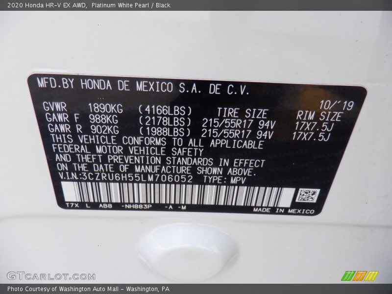 Platinum White Pearl / Black 2020 Honda HR-V EX AWD