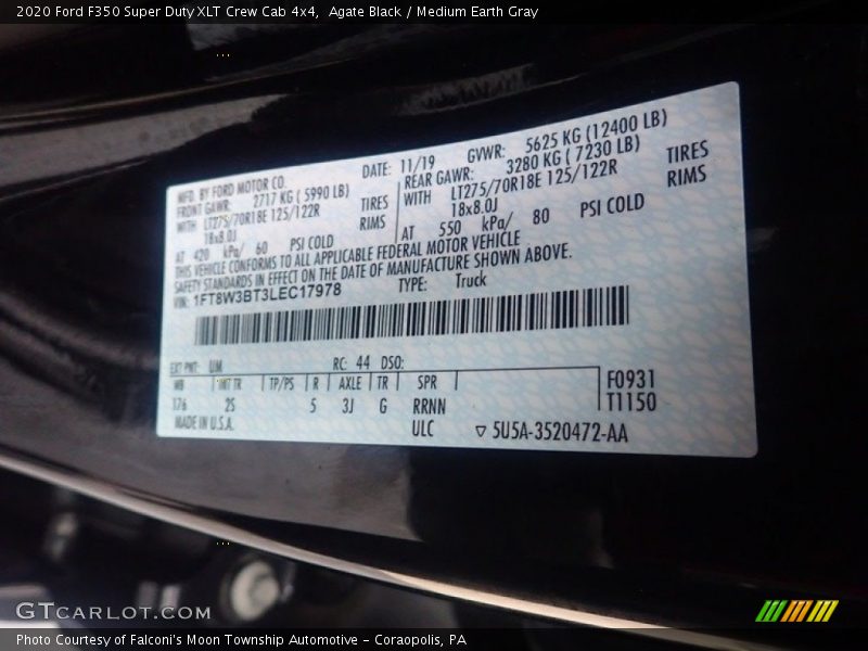 Agate Black / Medium Earth Gray 2020 Ford F350 Super Duty XLT Crew Cab 4x4