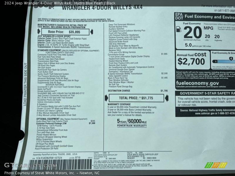  2024 Wrangler 4-Door Willys 4x4 Window Sticker