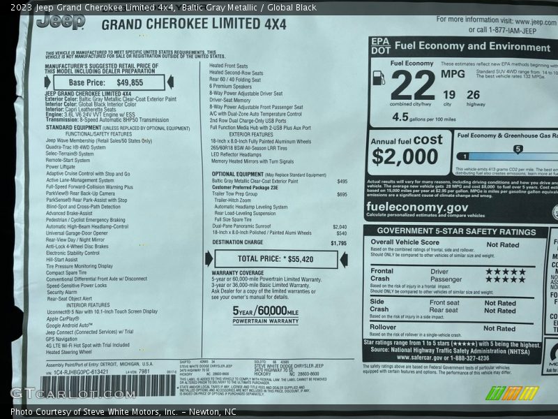  2023 Grand Cherokee Limited 4x4 Window Sticker