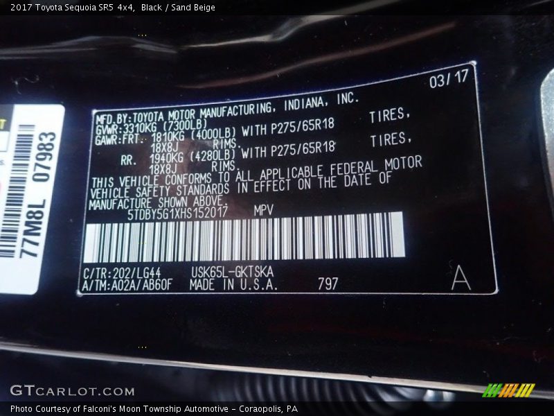 2017 Sequoia SR5 4x4 Black Color Code 202