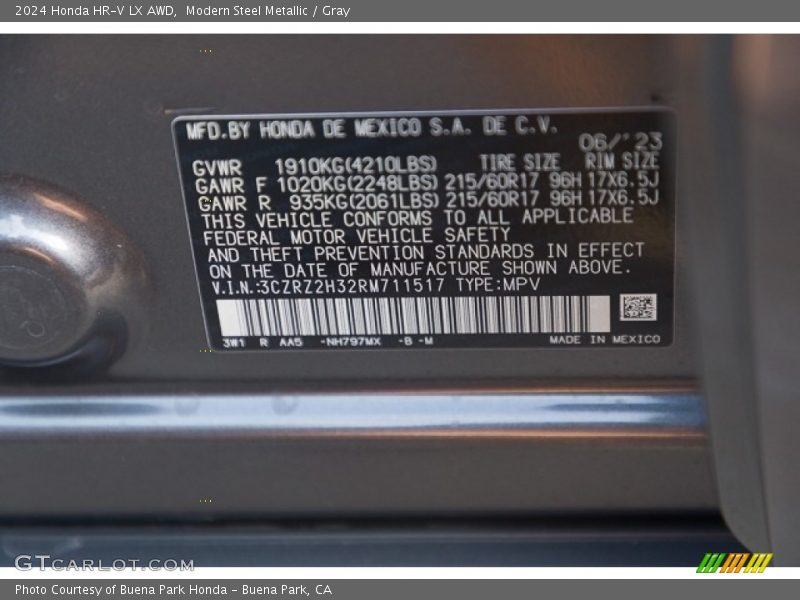 2024 HR-V LX AWD Modern Steel Metallic Color Code NH797MX