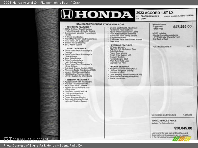 Platinum White Pearl / Gray 2023 Honda Accord LX