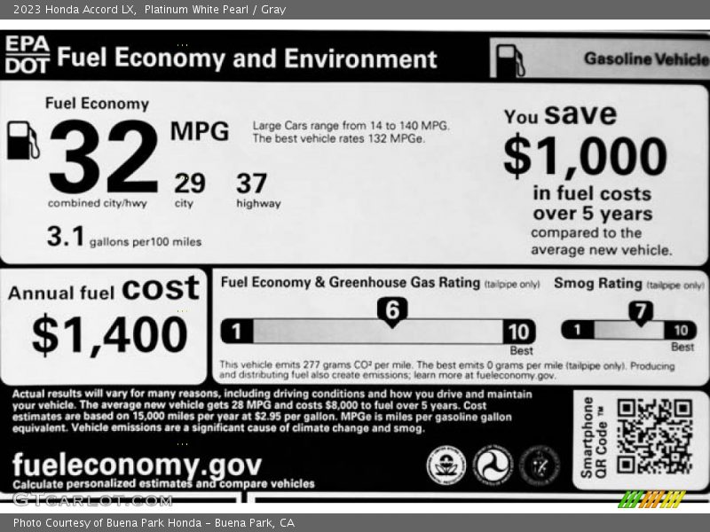 Platinum White Pearl / Gray 2023 Honda Accord LX