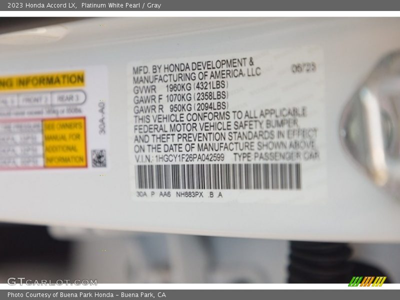 Platinum White Pearl / Gray 2023 Honda Accord LX