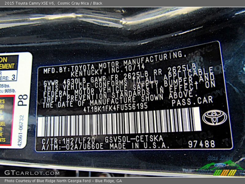 2015 Camry XSE V6 Cosmic Gray Mica Color Code 1H2