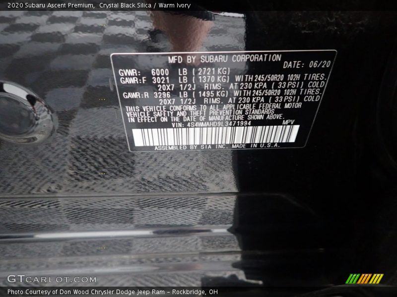 Crystal Black Silica / Warm Ivory 2020 Subaru Ascent Premium