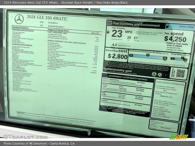  2024 GLE 350 4Matic Window Sticker