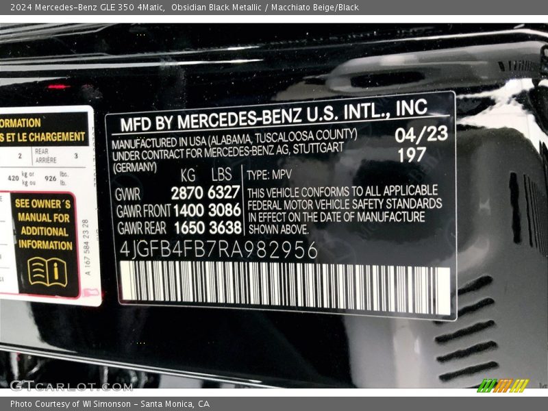 2024 GLE 350 4Matic Obsidian Black Metallic Color Code 197