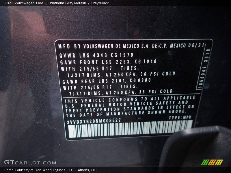 Platinum Gray Metallic / Gray/Black 2022 Volkswagen Taos S