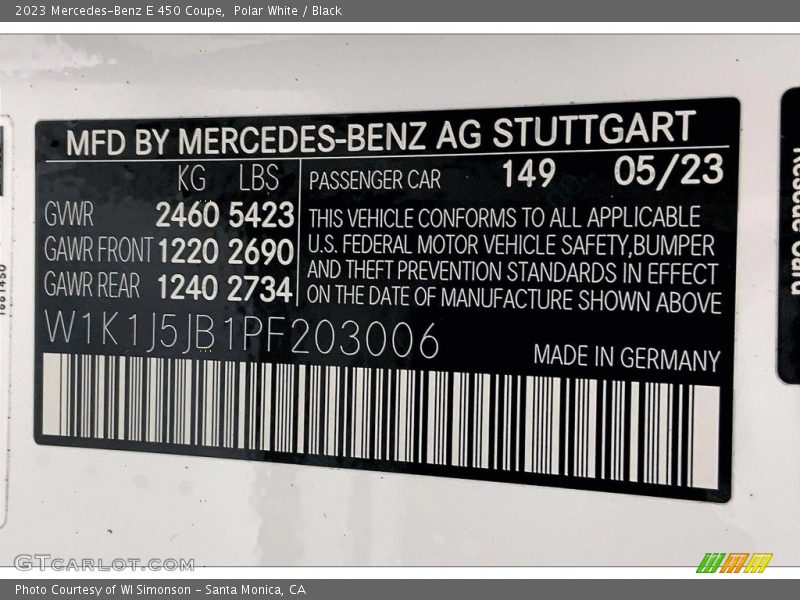 2023 E 450 Coupe Polar White Color Code 149