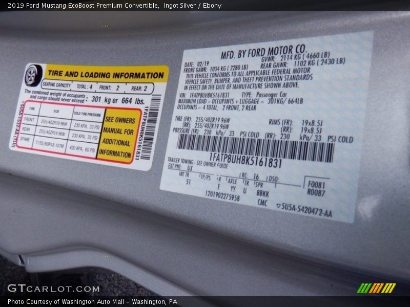 Ingot Silver / Ebony 2019 Ford Mustang EcoBoost Premium Convertible