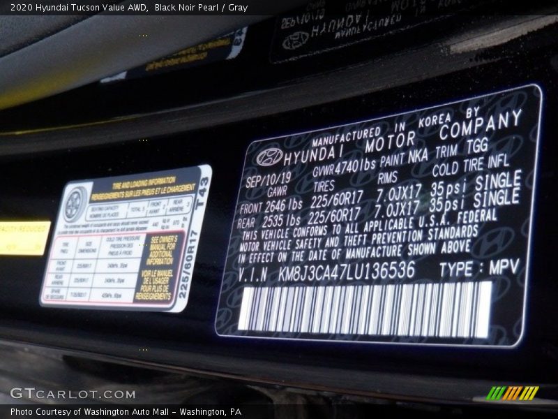 Black Noir Pearl / Gray 2020 Hyundai Tucson Value AWD