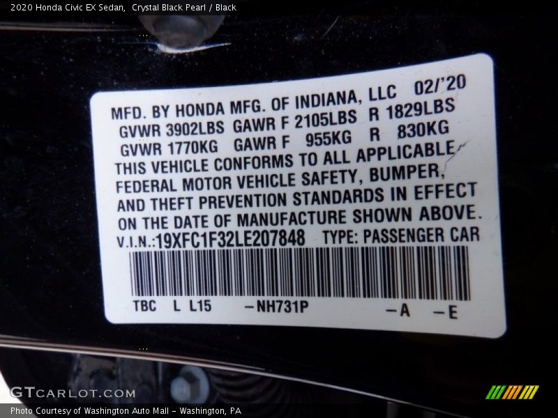 Crystal Black Pearl / Black 2020 Honda Civic EX Sedan