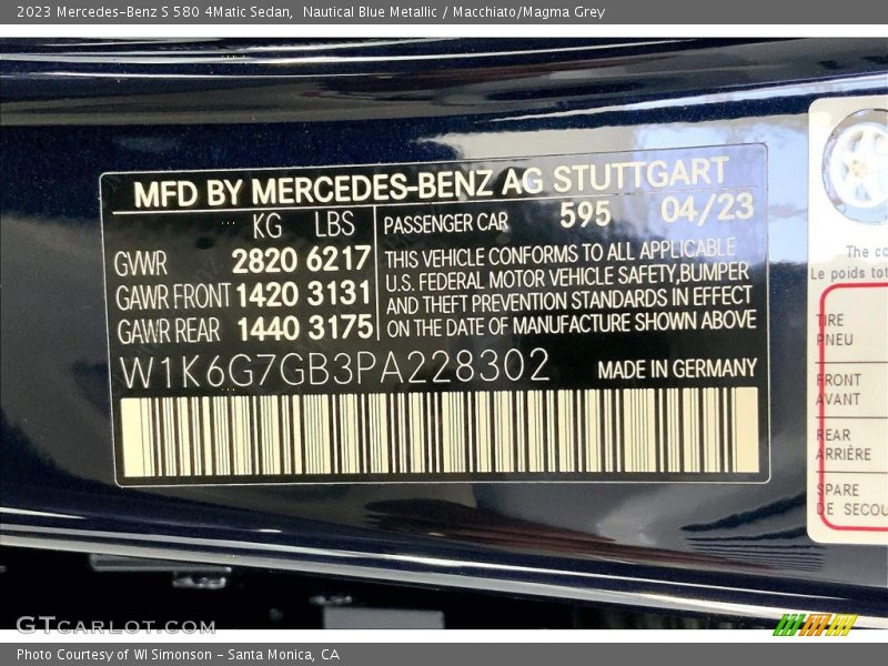 2023 S 580 4Matic Sedan Nautical Blue Metallic Color Code 595