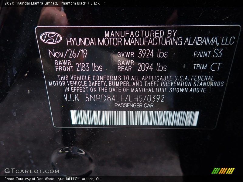 Phantom Black / Black 2020 Hyundai Elantra Limited