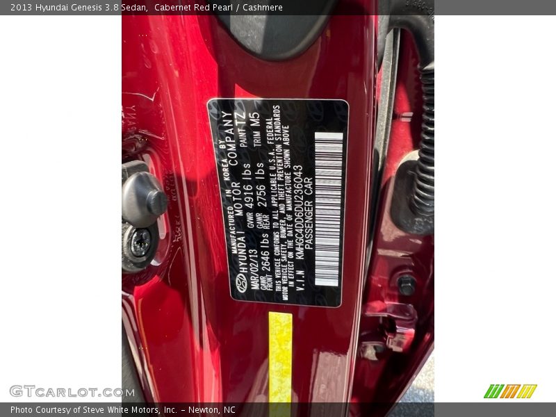 2013 Genesis 3.8 Sedan Cabernet Red Pearl Color Code TZ