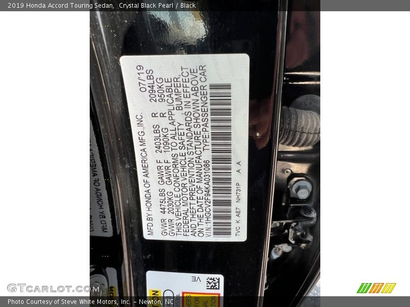 2019 Accord Touring Sedan Crystal Black Pearl Color Code NH731P