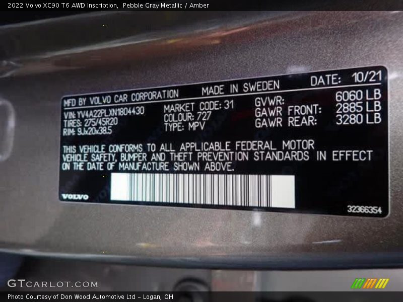 2022 XC90 T6 AWD Inscription Pebble Gray Metallic Color Code 727