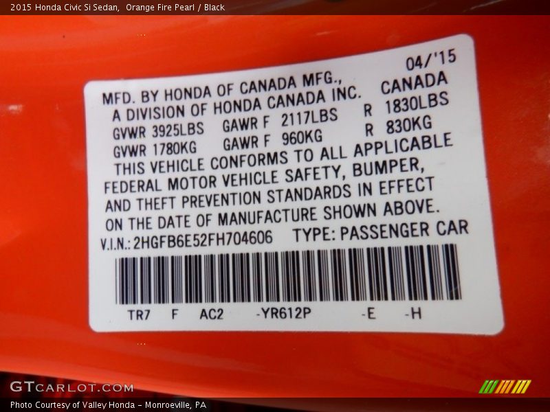 2015 Civic Si Sedan Orange Fire Pearl Color Code YR612P