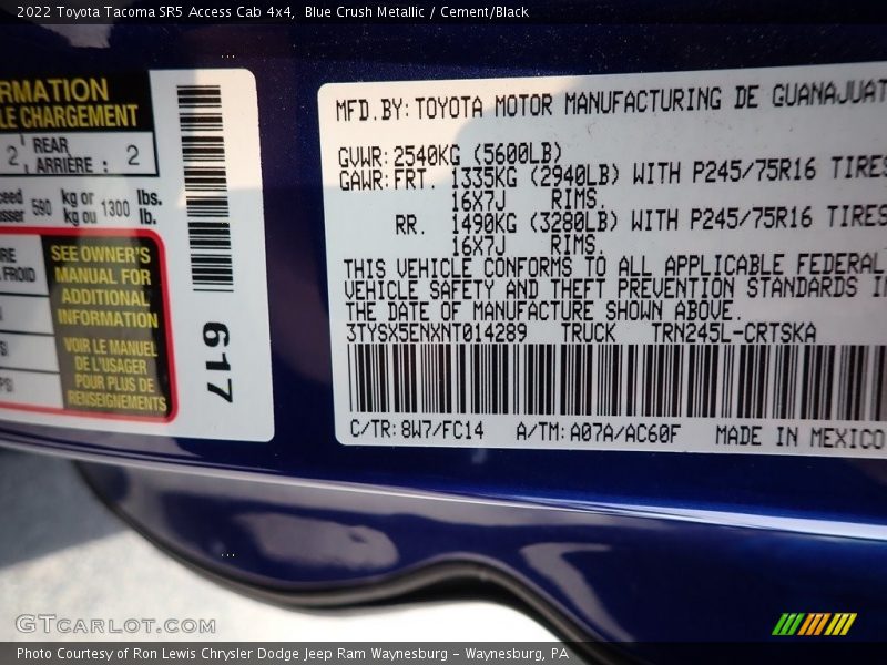 2022 Tacoma SR5 Access Cab 4x4 Blue Crush Metallic Color Code 8W7