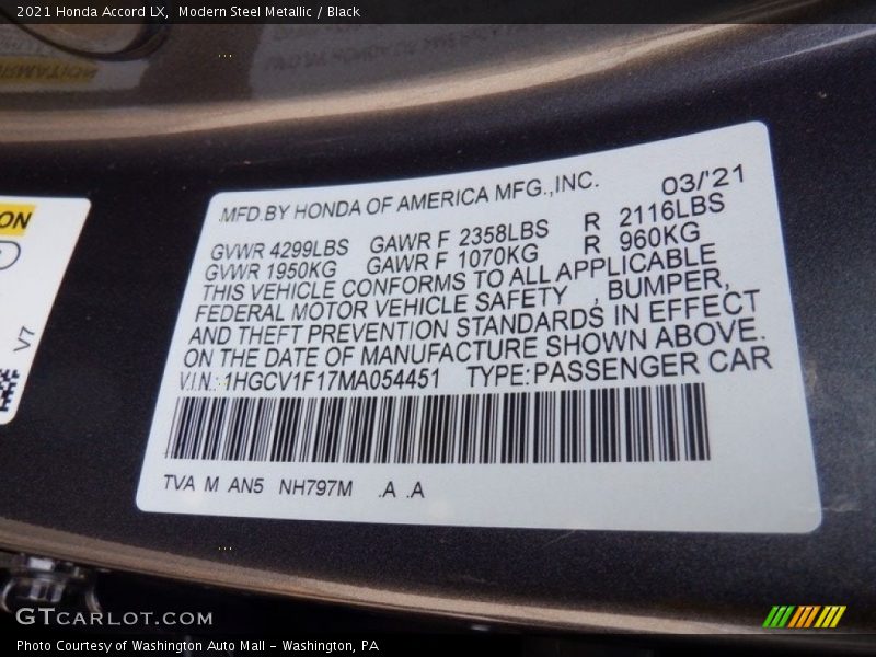 Modern Steel Metallic / Black 2021 Honda Accord LX