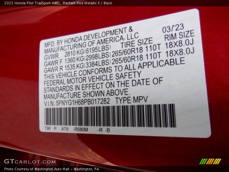 2023 Pilot TrailSport AWD Radiant Red Metallic II Color Code R580M
