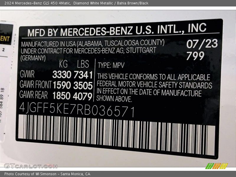 2024 GLS 450 4Matic Diamond White Metallic Color Code 799