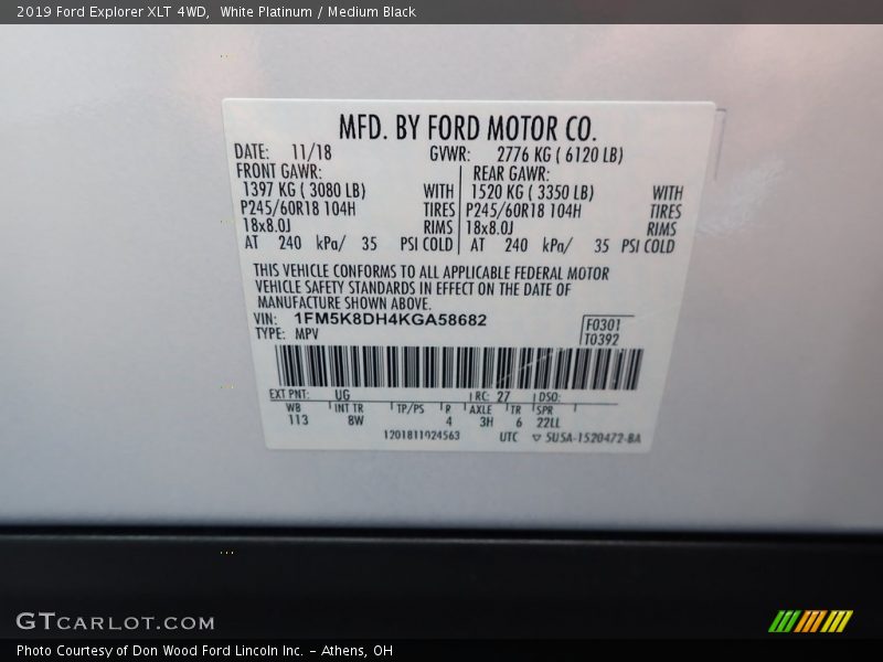 White Platinum / Medium Black 2019 Ford Explorer XLT 4WD