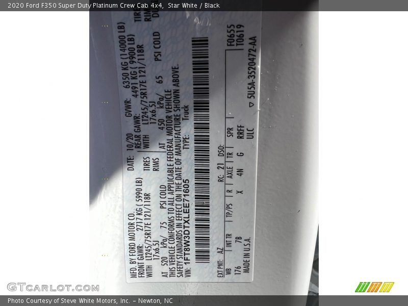 2020 F350 Super Duty Platinum Crew Cab 4x4 Star White Color Code AZ