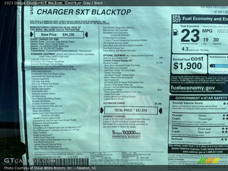 Destroyer Gray / Black 2023 Dodge Charger SXT Blacktop