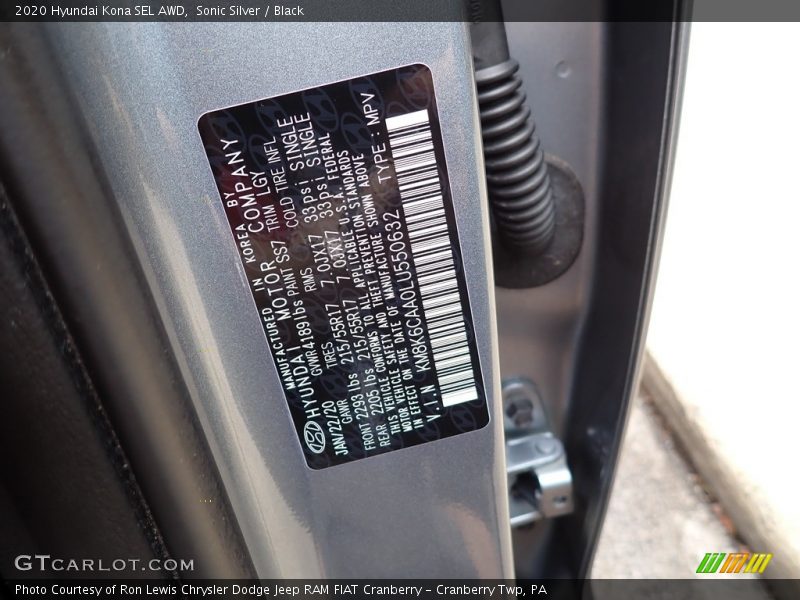 2020 Kona SEL AWD Sonic Silver Color Code SS7