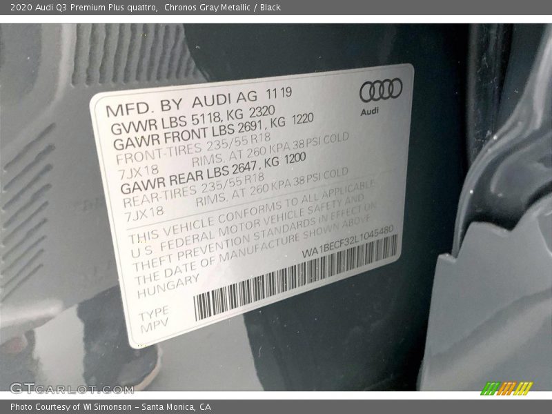 Chronos Gray Metallic / Black 2020 Audi Q3 Premium Plus quattro