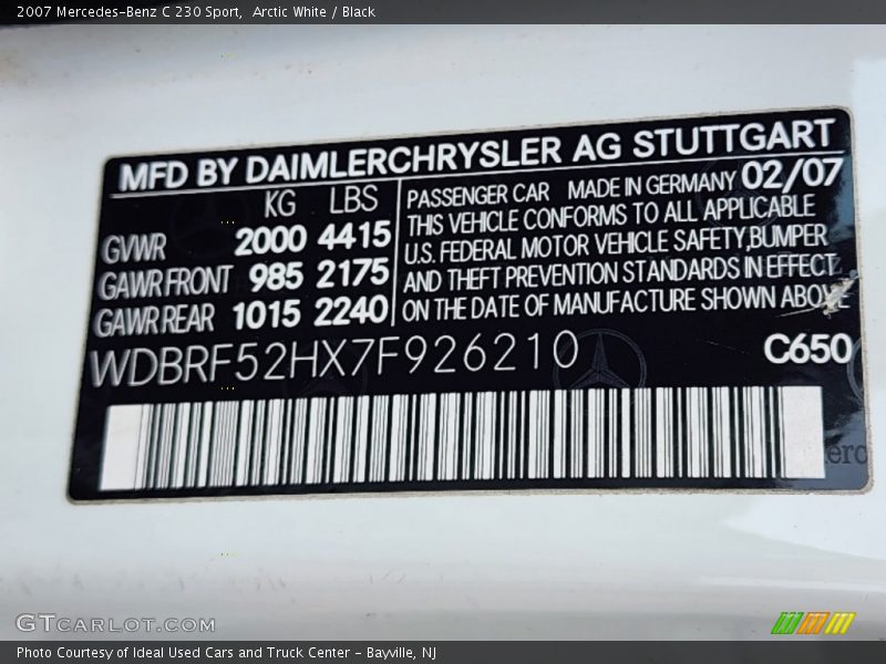 Arctic White / Black 2007 Mercedes-Benz C 230 Sport