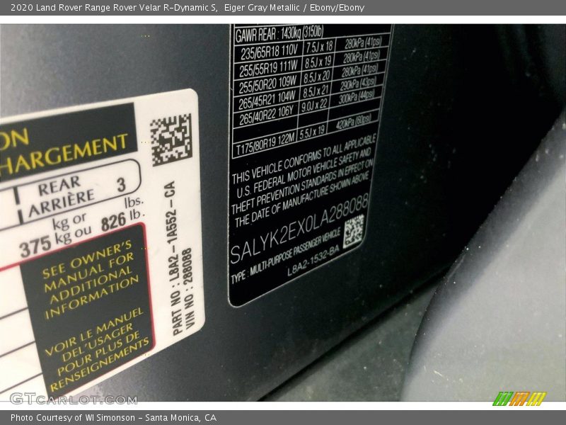 Eiger Gray Metallic / Ebony/Ebony 2020 Land Rover Range Rover Velar R-Dynamic S