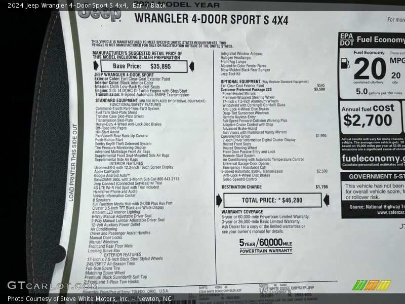 Earl / Black 2024 Jeep Wrangler 4-Door Sport S 4x4