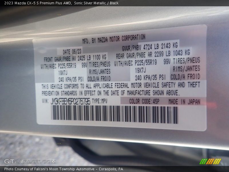 2023 CX-5 S Premium Plus AWD Sonic Silver Metallic Color Code 45P