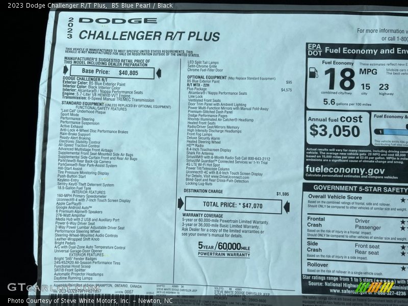 2023 Challenger R/T Plus Window Sticker