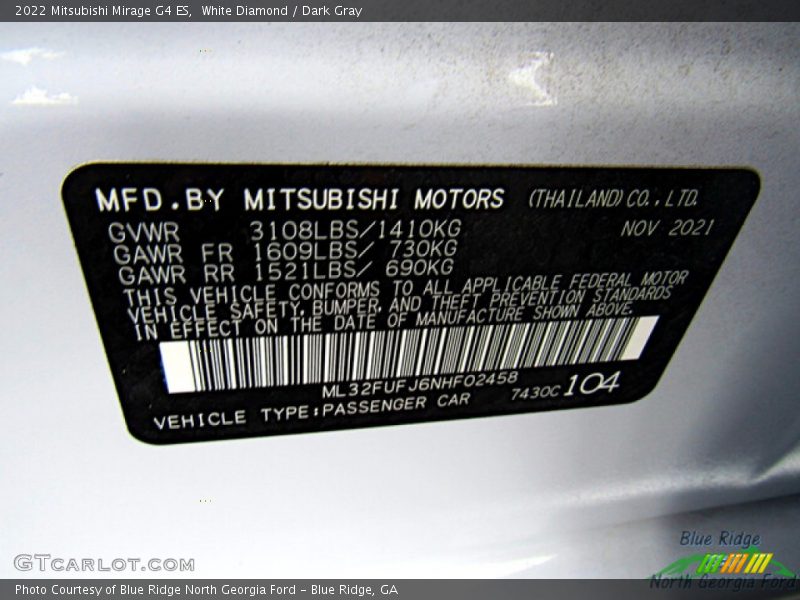White Diamond / Dark Gray 2022 Mitsubishi Mirage G4 ES