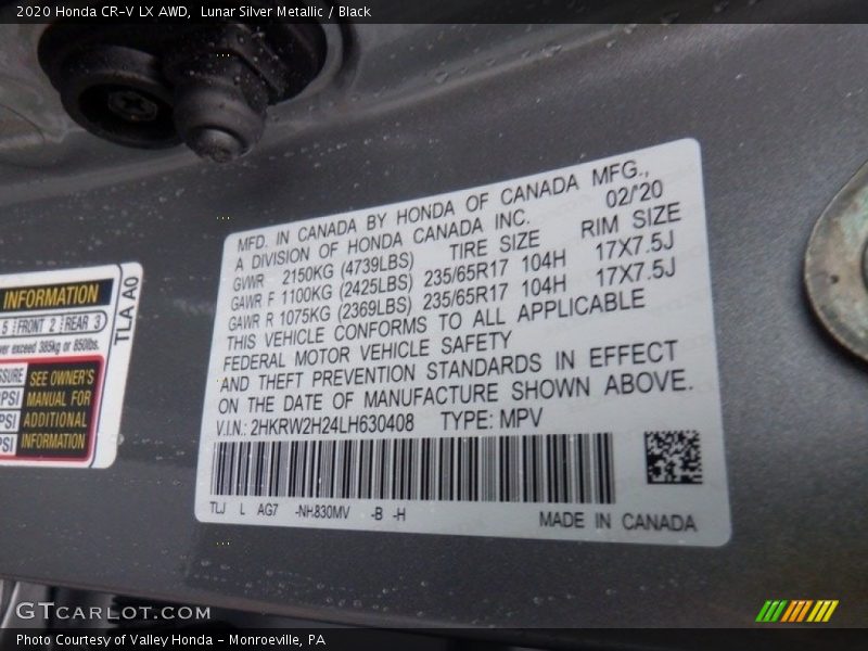 2020 CR-V LX AWD Lunar Silver Metallic Color Code NH830MV
