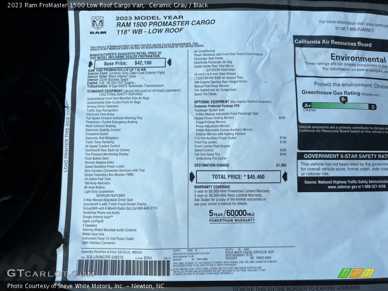  2023 ProMaster 1500 Low Roof Cargo Van Window Sticker