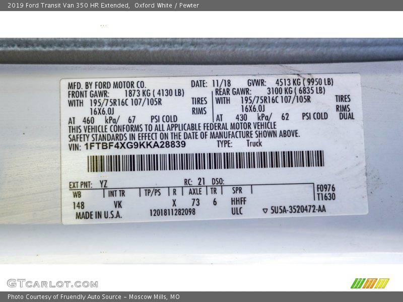 Oxford White / Pewter 2019 Ford Transit Van 350 HR Extended