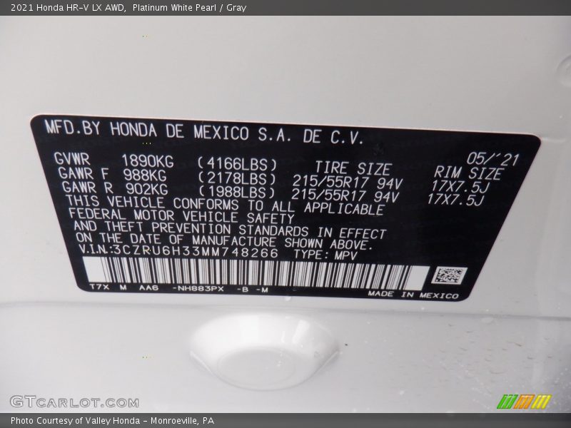 Platinum White Pearl / Gray 2021 Honda HR-V LX AWD