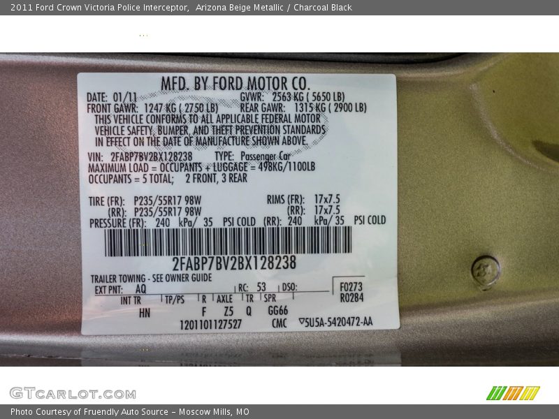 2011 Crown Victoria Police Interceptor Arizona Beige Metallic Color Code AQ